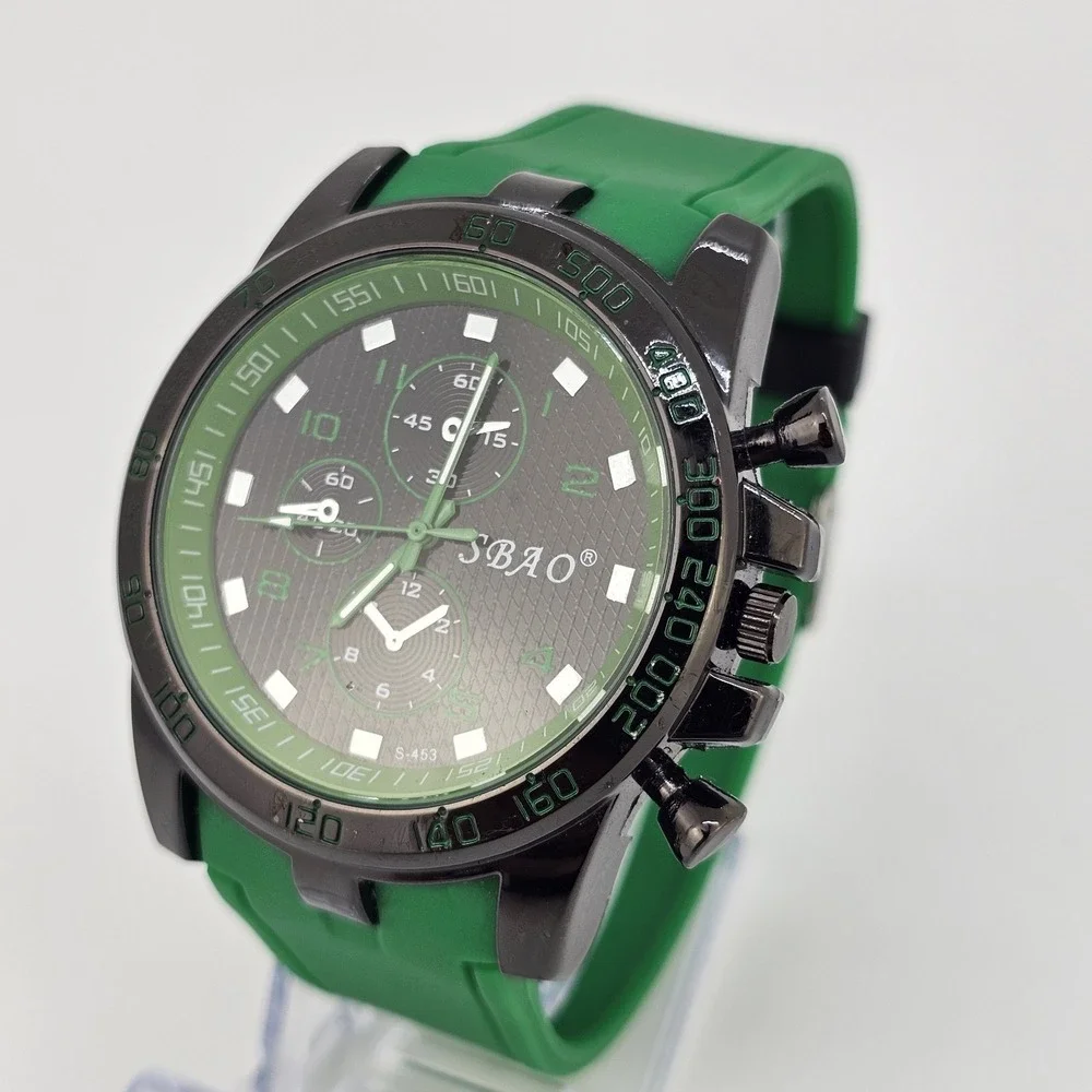 Men's Analog‎ Watch 45MM Black Dial Green Plastic Bands New Battery